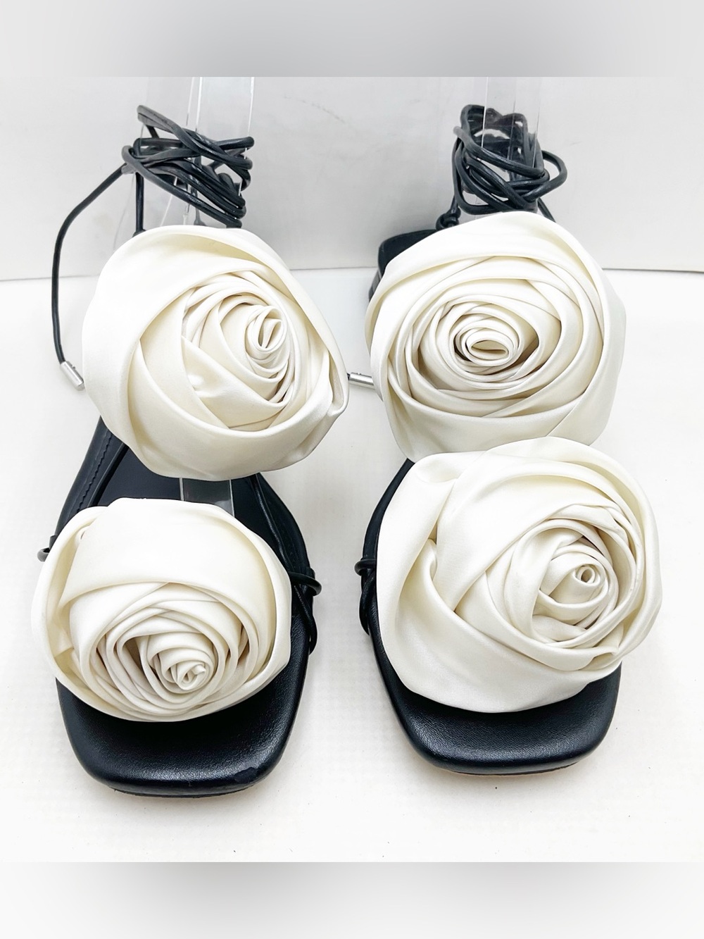 {Steve Madden} Rosalind Ivory Satin Rose Lace-Up Sandals - Picture 12 of 14